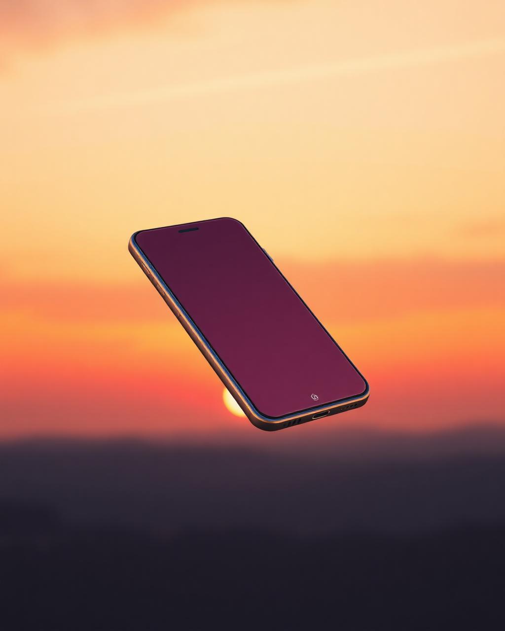 Chrome smartphone floating over a warm sunset horizon